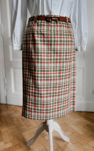 Zielona spódnica midi elegancka ołówkowa vintage wełna len kratka Ara |38