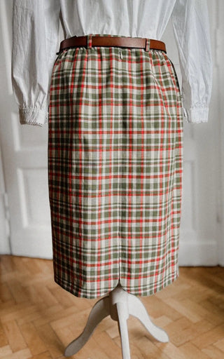 Zielona spódnica midi elegancka ołówkowa vintage wełna len kratka Ara |38