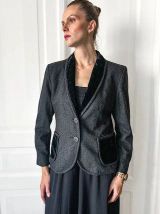Szara marynarka wełniana kaszmir vintage Woolmark szalowy kołnierz welur preppy Franz Haushofer | 38 40