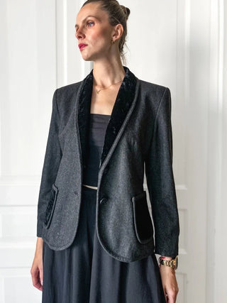 Szara marynarka wełniana kaszmir vintage Woolmark szalowy kołnierz welur preppy Franz Haushofer | 38 40