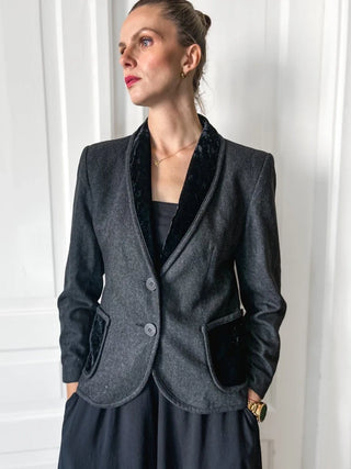 Szara marynarka wełniana kaszmir vintage Woolmark szalowy kołnierz welur preppy Franz Haushofer | 38 40