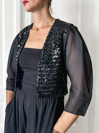 Czarne cekinowe bolero żakiet vintage bawełna acetat Fink Modell | 38