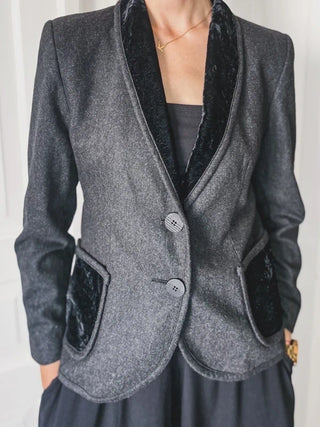 Szara wełniana marynarka vintage pure new wool kaszmir wieczorowa kołnierz szalowy welurowy preppy Franz Haushofer | 38