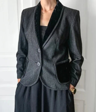 Szara wełniana marynarka vintage pure new wool kaszmir wieczorowa kołnierz szalowy welurowy preppy Franz Haushofer | 38