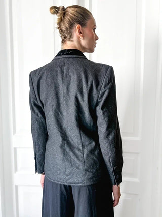 Szara wełniana marynarka vintage pure new wool kaszmir wieczorowa kołnierz szalowy welurowy preppy Franz Haushofer | 38