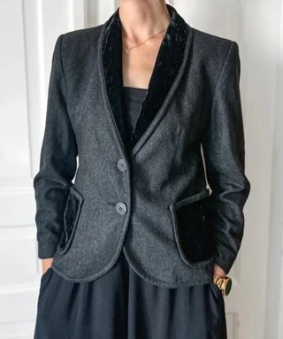 Szara wełniana marynarka vintage pure new wool kaszmir wieczorowa kołnierz szalowy welurowy preppy Franz Haushofer | 38