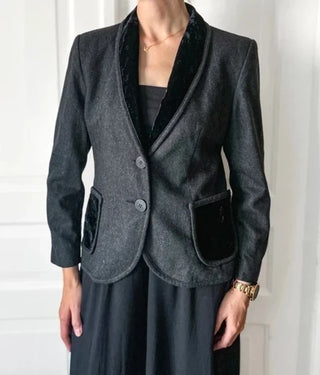 Szara wełniana marynarka vintage pure new wool kaszmir wieczorowa kołnierz szalowy welurowy preppy Franz Haushofer | 38