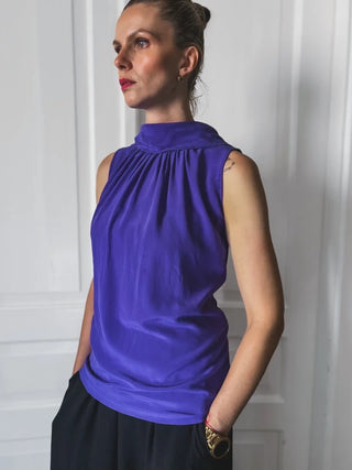 Fioetowy jedwabny top elegancka bluzka vintage szaliczek wieczorowa drapowana St. Emile | 40
