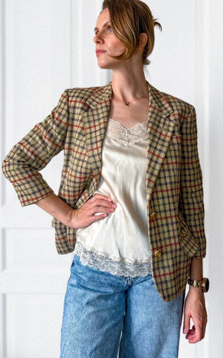 Marynarka 100% jedwab tweed made in England krata preppy old money | 38