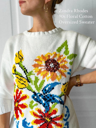 Biały sweter vintage 90s bawełna oversize kwiaty rękaw 3/4 Zandra Rhodes | 40
