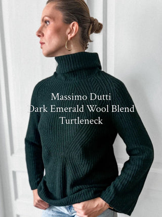 Zielony szmaragdowy sweter wełna golf vintage szerokie rękawy Massimo Dutti | 36 38