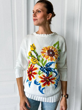 Biały sweter vintage 90s bawełna oversize kwiaty rękaw 3/4 Zandra Rhodes | 40