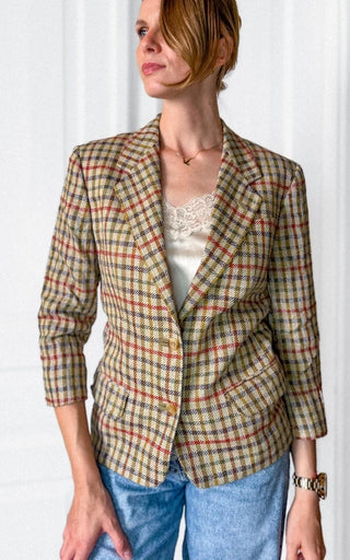 Marynarka 100% jedwab tweed made in England krata preppy old money | 38