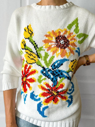 Biały sweter vintage 90s bawełna oversize kwiaty rękaw 3/4 Zandra Rhodes | 40