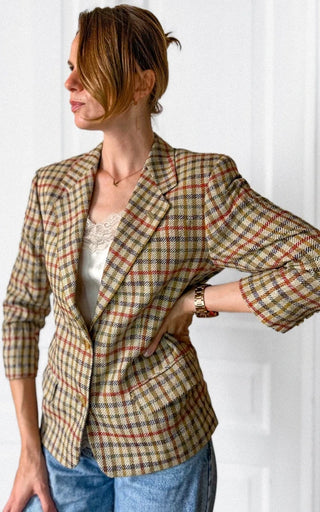 Marynarka 100% jedwab tweed made in England krata preppy old money | 38