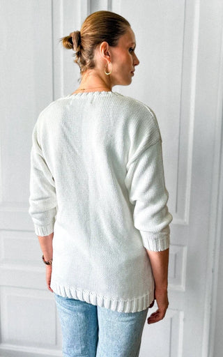 Biały sweter vintage 90s bawełna oversize kwiaty rękaw 3/4 Zandra Rhodes | 40