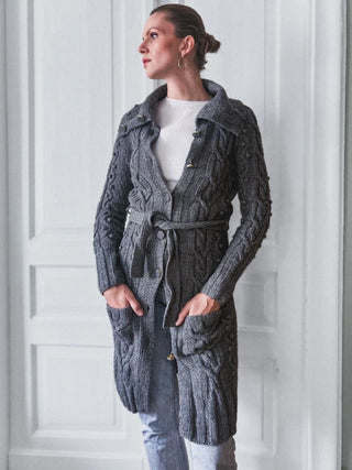 Sweter 100% wełna jagnięca długi kardigan warkocze pompony scandi InWear | 36