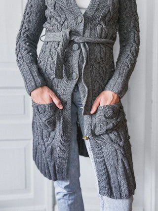 Sweter 100% wełna jagnięca długi kardigan warkocze pompony scandi InWear | 36