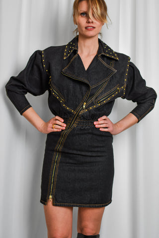 Jeansowa sukienka biker vintage 80s dżety | 36 38