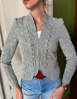 Biały krótki taliowany żakiet w granatowy prążek letni marynistyczny Tailored by Next | 36 38