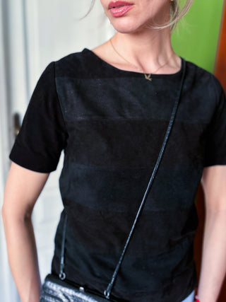 Czarna skórzana zamszowa bluzka t-shirt z krótkim rękawem InWear | 36 38