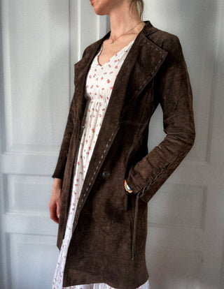 Brązowy czekoladowy zamszowy płaszcz w stylu western boho Philip Russel | 34 36