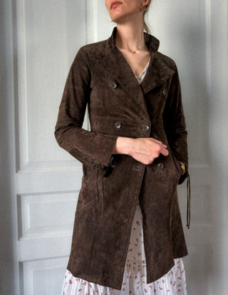 Brązowy czekoladowy zamszowy płaszcz w stylu western boho Philip Russel | 34 36
