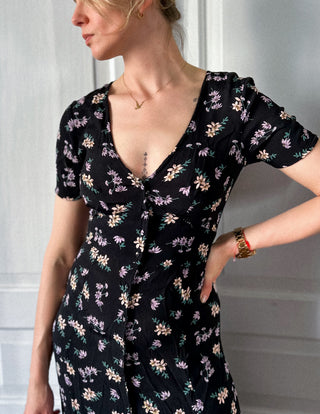 Czarna sukienka maxi w kwiaty rozcięcia styl lata 90. Miss Selfridge | 34 36