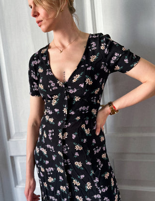 Czarna sukienka maxi w kwiaty rozcięcia styl lata 90. Miss Selfridge | 34 36