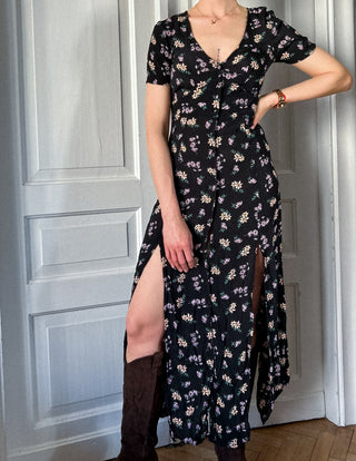 Czarna sukienka maxi w kwiaty rozcięcia styl lata 90. Miss Selfridge | 34 36