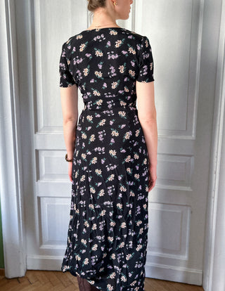 Czarna sukienka maxi w kwiaty rozcięcia styl lata 90. Miss Selfridge | 34 36