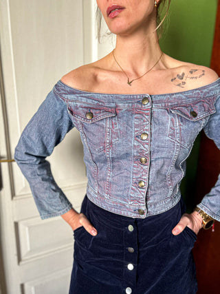 Jeansowa krótka kurtka vintage off-shoulders odkryte ramiona Y2K Just Cavalli | 36 38