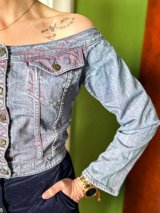 Jeansowa krótka kurtka vintage off-shoulders odkryte ramiona Y2K Just Cavalli | 36 38