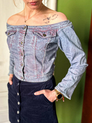 Jeansowa krótka kurtka vintage off-shoulders odkryte ramiona Y2K Just Cavalli | 36 38