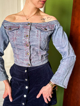 Jeansowa krótka kurtka vintage off-shoulders odkryte ramiona Y2K Just Cavalli | 36 38