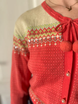Koralowy norweski sweter kardigan we wzory pompony len bawełna IIS | 36 38