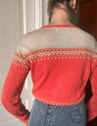 Koralowy norweski sweter kardigan we wzory pompony len bawełna IIS | 36 38