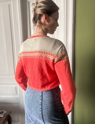 Koralowy norweski sweter kardigan we wzory pompony len bawełna IIS | 36 38