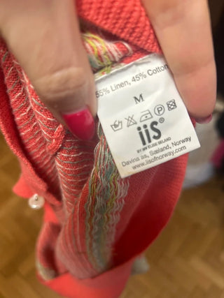 Koralowy norweski sweter kardigan we wzory pompony len bawełna IIS | 36 38
