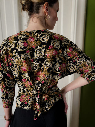 Czarna bluzka na guziki taliowana wiązana ornamenty barokowa 80s floral cottage oversize | 38 40