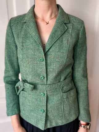 Zielona wełniana marynarka vintage z paskiem 100% pure new wool Edinburgh Woolen Mill | 38 40