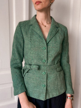 Zielona wełniana marynarka vintage z paskiem 100% pure new wool Edinburgh Woolen Mill | 38 40