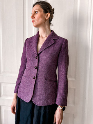 Fioletowa śliwkowa wełniana dłuższa marynarka w jodełkę 100% shetland wool | 38 40
