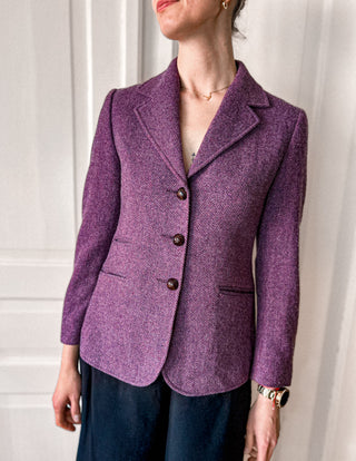 Fioletowa śliwkowa wełniana dłuższa marynarka w jodełkę 100% shetland wool | 38 40