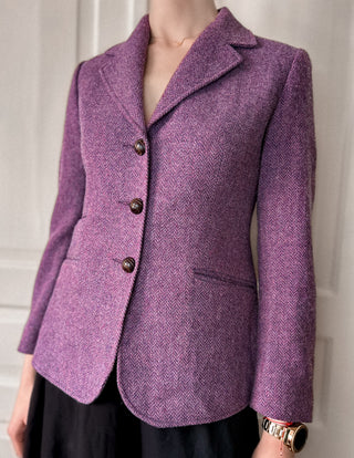 Fioletowa śliwkowa wełniana dłuższa marynarka w jodełkę 100% shetland wool | 38 40