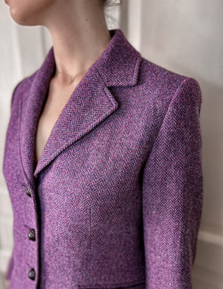 Fioletowa śliwkowa wełniana dłuższa marynarka w jodełkę 100% shetland wool | 38 40
