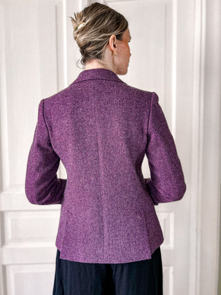 Fioletowa śliwkowa wełniana dłuższa marynarka w jodełkę 100% shetland wool | 38 40