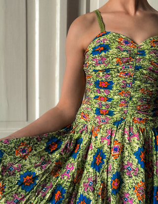 Zielona sukienka z wiskozy retro 80s midi gorsetowa rozkloszowana Creation Mademoiselle | 34 36