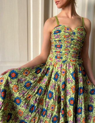 Zielona sukienka z wiskozy retro 80s midi gorsetowa rozkloszowana Creation Mademoiselle | 34 36