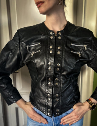 Czarna krótka taliowana skórzana kurtka vintage biker motocyklowa 90s | 36 38